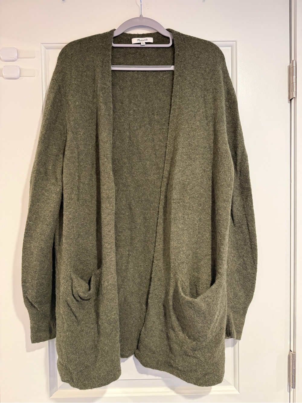 Madewell Alpaca Wool Cardigan Olive Green Open Front Pockets Women's L